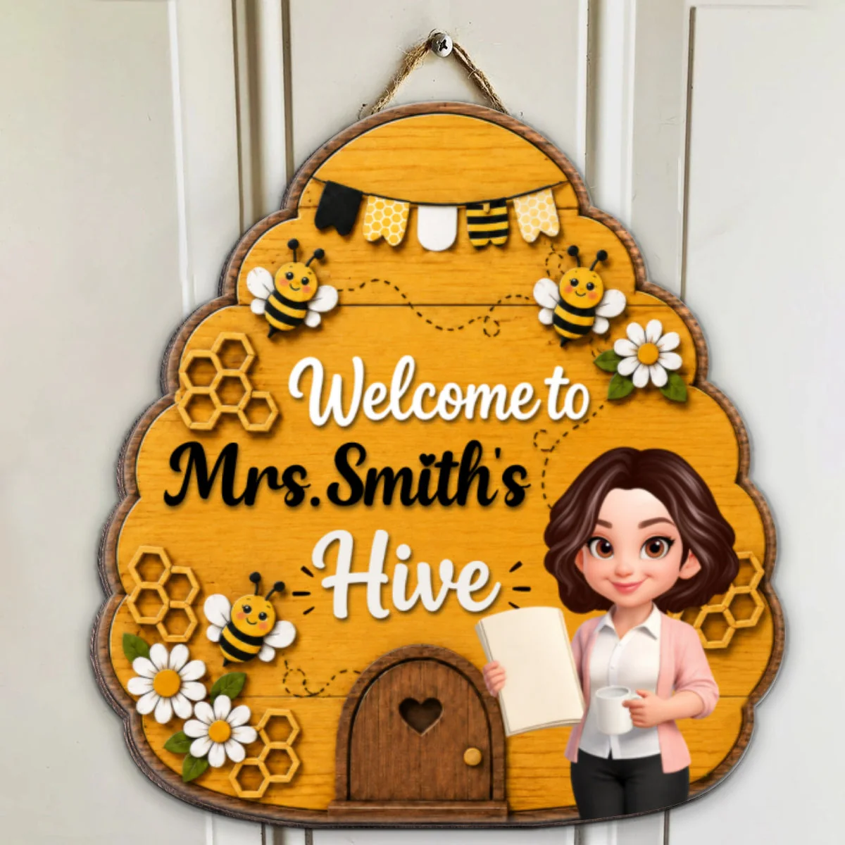 Welcome To Teacher Bee Hive - Personalized Shaped Wood Sign - Gift For Teacher - Image 8