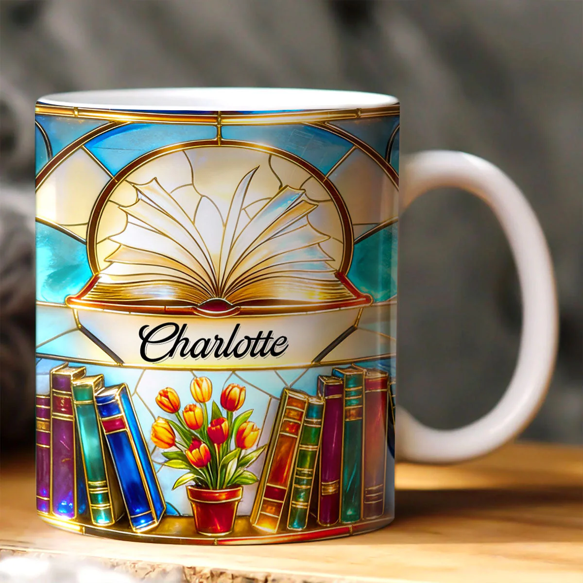 Whimsical Open Book And Tulips - Personalized Mug - Gift For Book Lovers, Readers, Women HN02