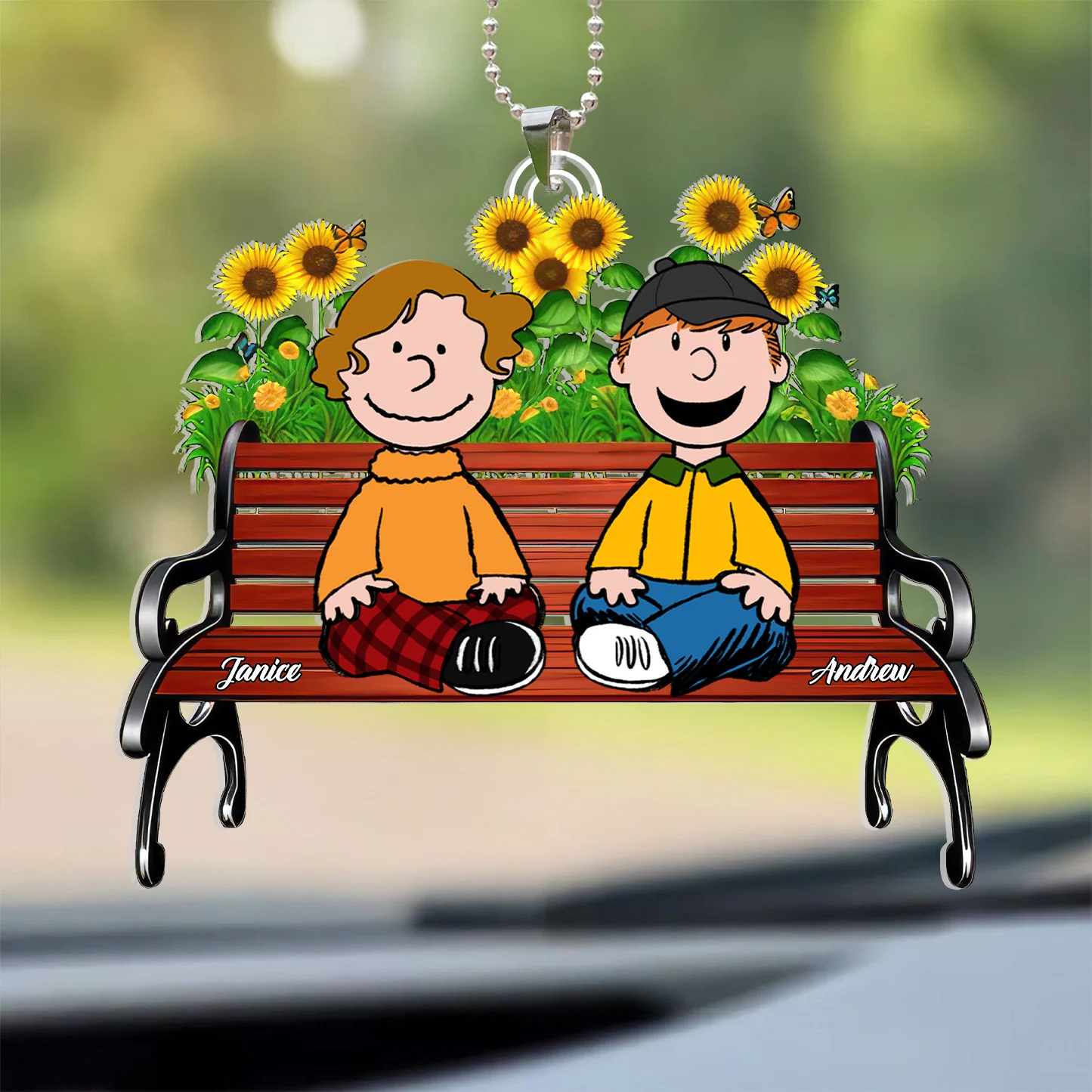 Wooden Bench Among Bright Sunflowers Peanut - Personalized Car Ornament - Gift For Couple, Husband Wife | GR11 NH96