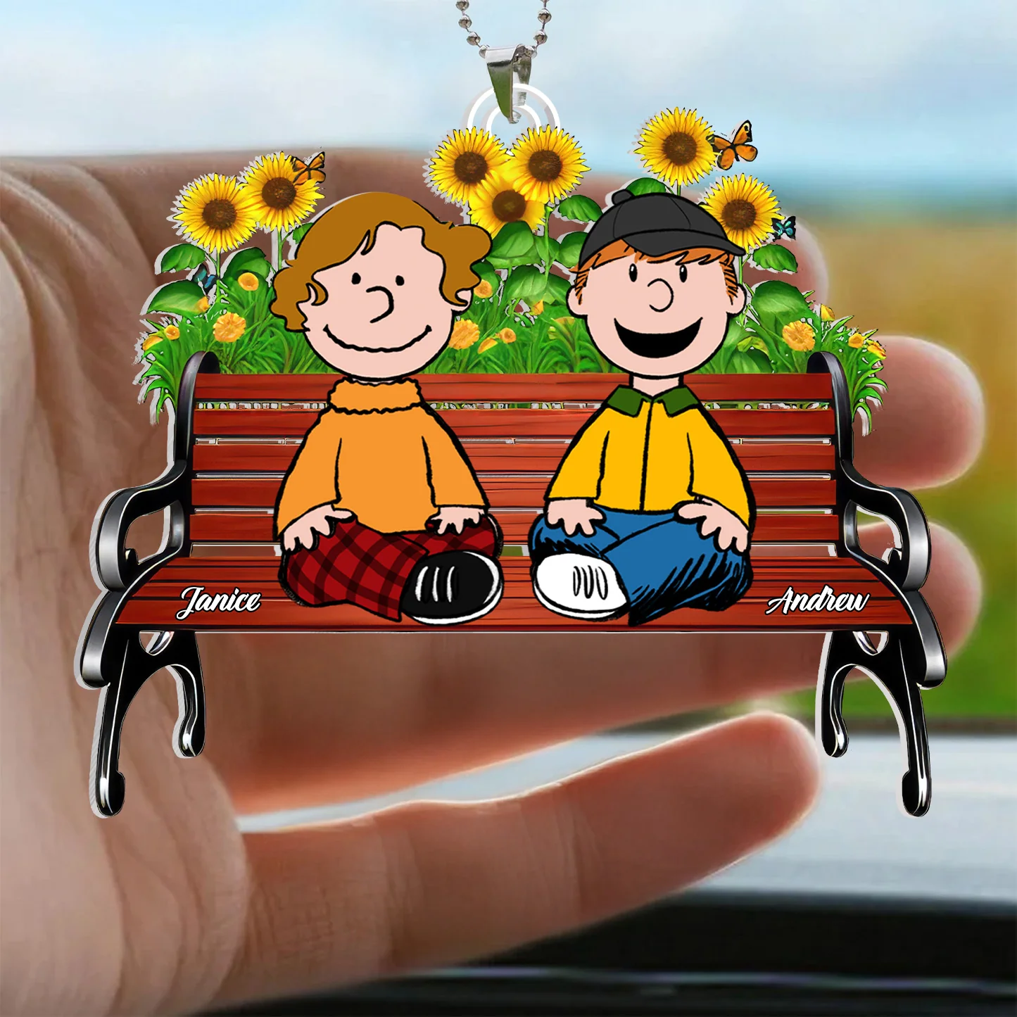 Wooden Bench Among Bright Sunflowers Peanut - Personalized Car Ornament - Gift For Couple, Husband Wife | GR11 NH96 - Image 2