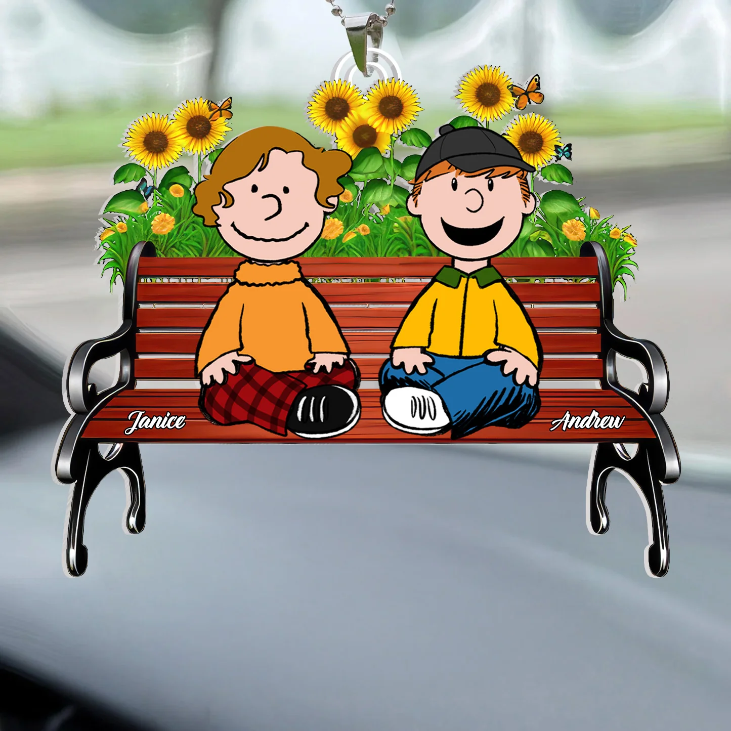 Wooden Bench Among Bright Sunflowers Peanut - Personalized Car Ornament - Gift For Couple, Husband Wife | GR11 NH96 - Image 3