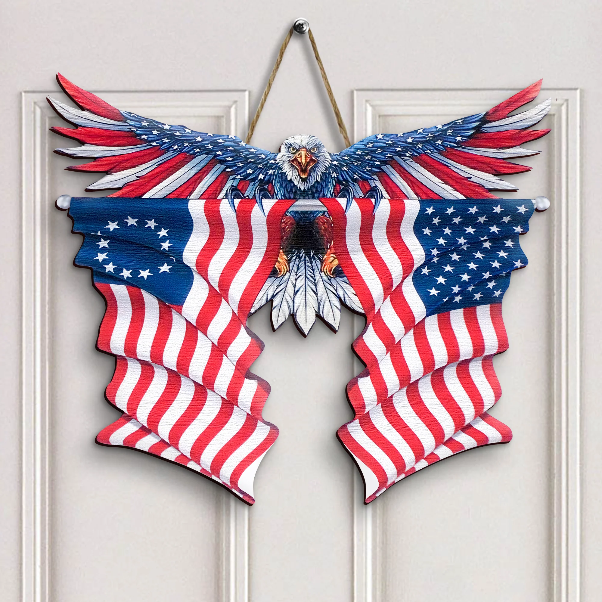 Wooden Door Sign - Personalized America 250th Anniversary Gifts For Mom, Dad, Brother, Sister, Kids - Bald Eagle Patriotic