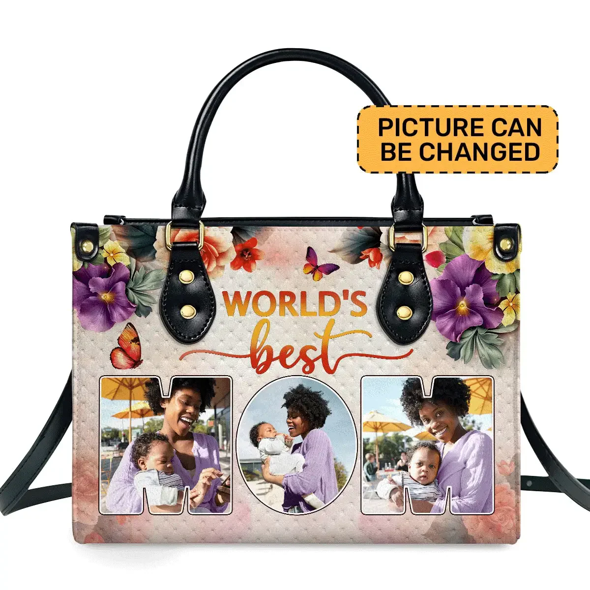 World’s Best Mom Custom Photo Tote - Personalized Leather Handbag - Gift for Black Women, Mother’s Day | HD95
