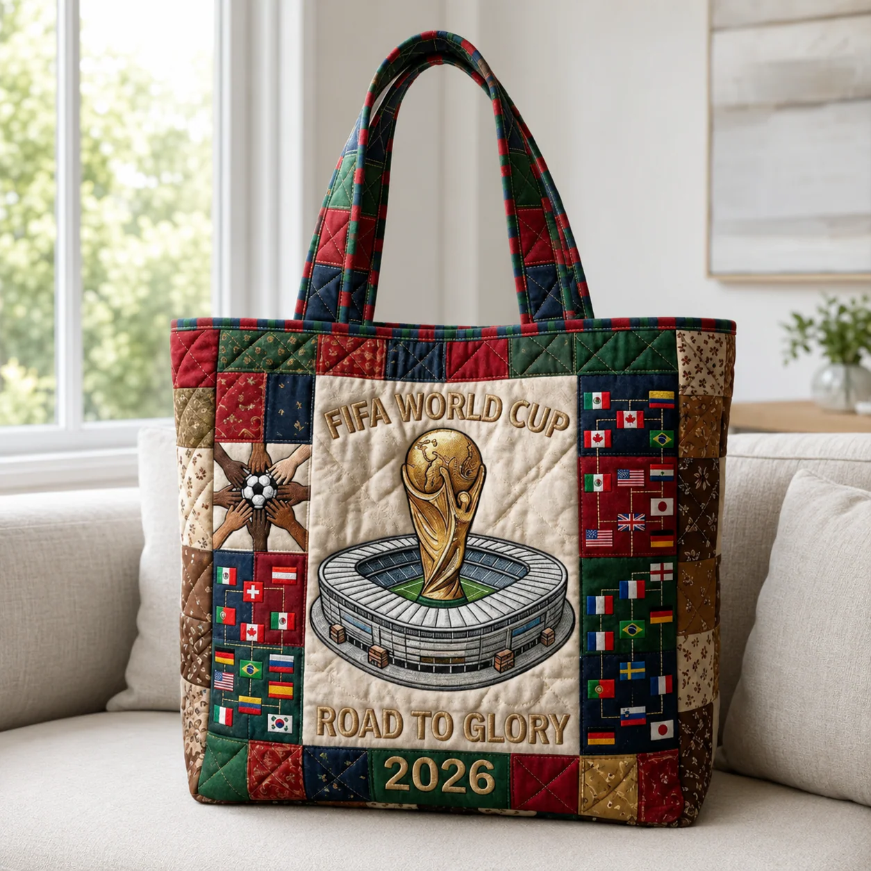 World Soccer Cup 2026 Road To Glory Trophy In Stadium Flags - Quilted Tote Bag - Gift For Soccer Fans