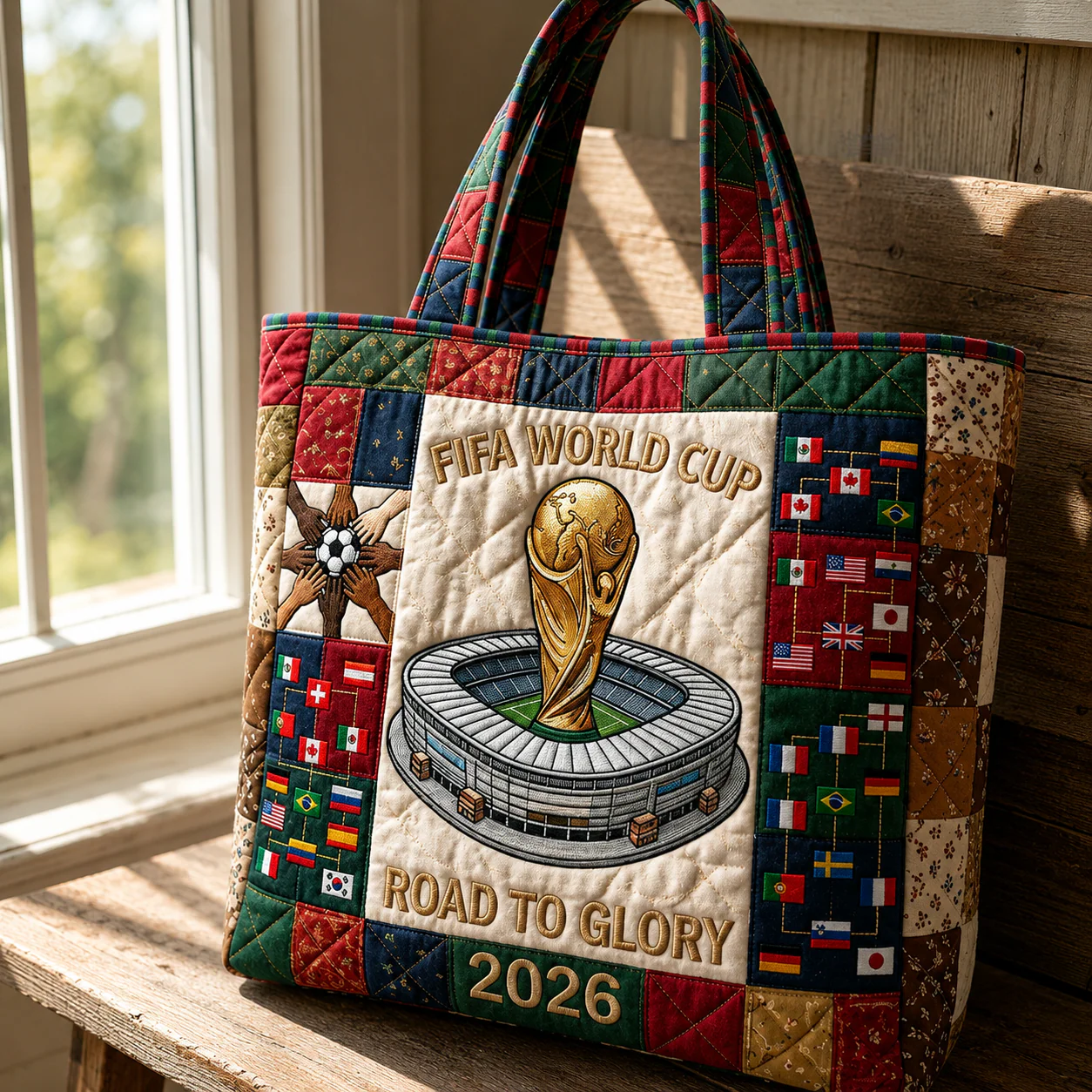 World Soccer Cup 2026 Road To Glory Trophy In Stadium Flags - Quilted Tote Bag - Gift For Soccer Fans - Image 2