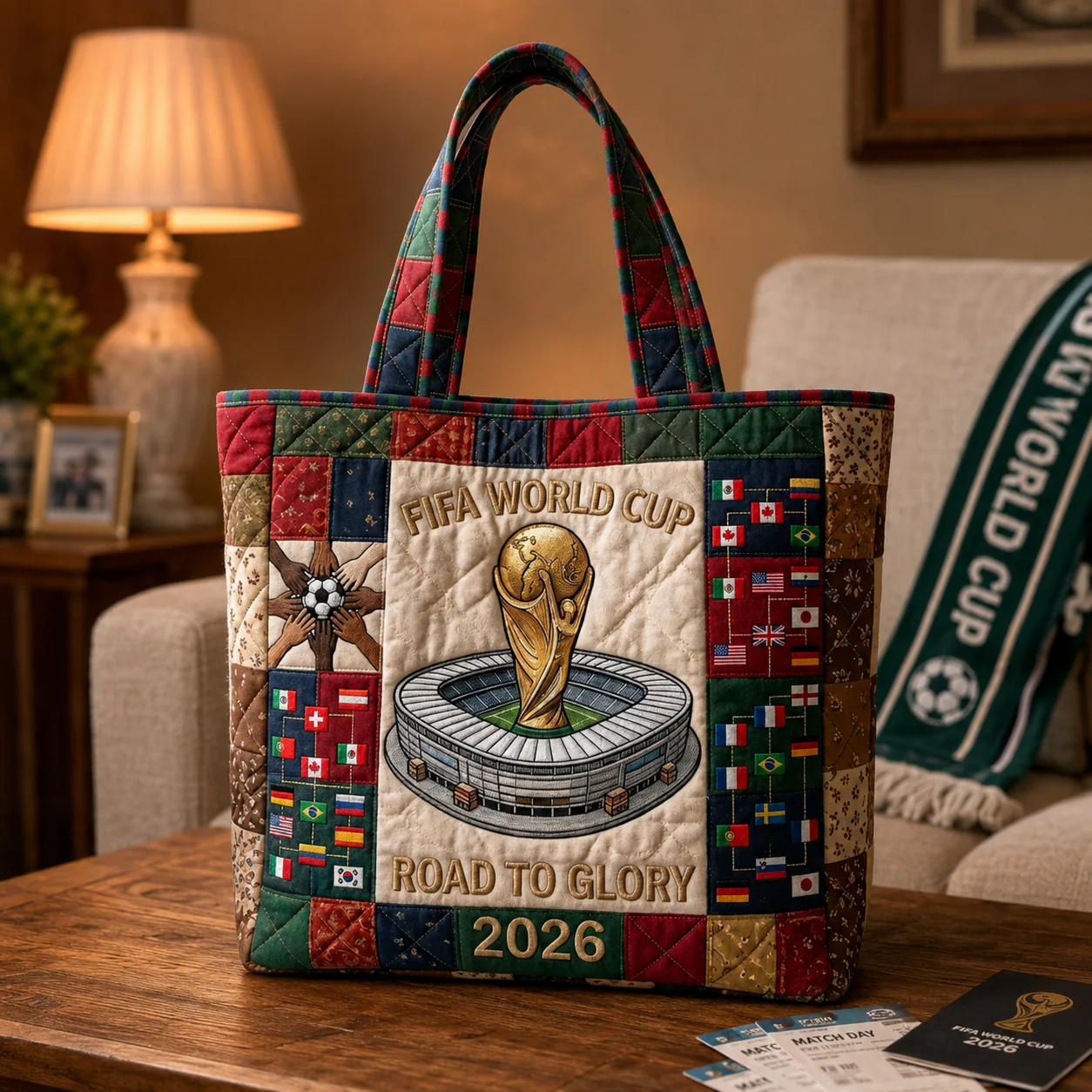 World Soccer Cup 2026 Road To Glory Trophy In Stadium Flags - Quilted Tote Bag - Gift For Soccer Fans - Image 3