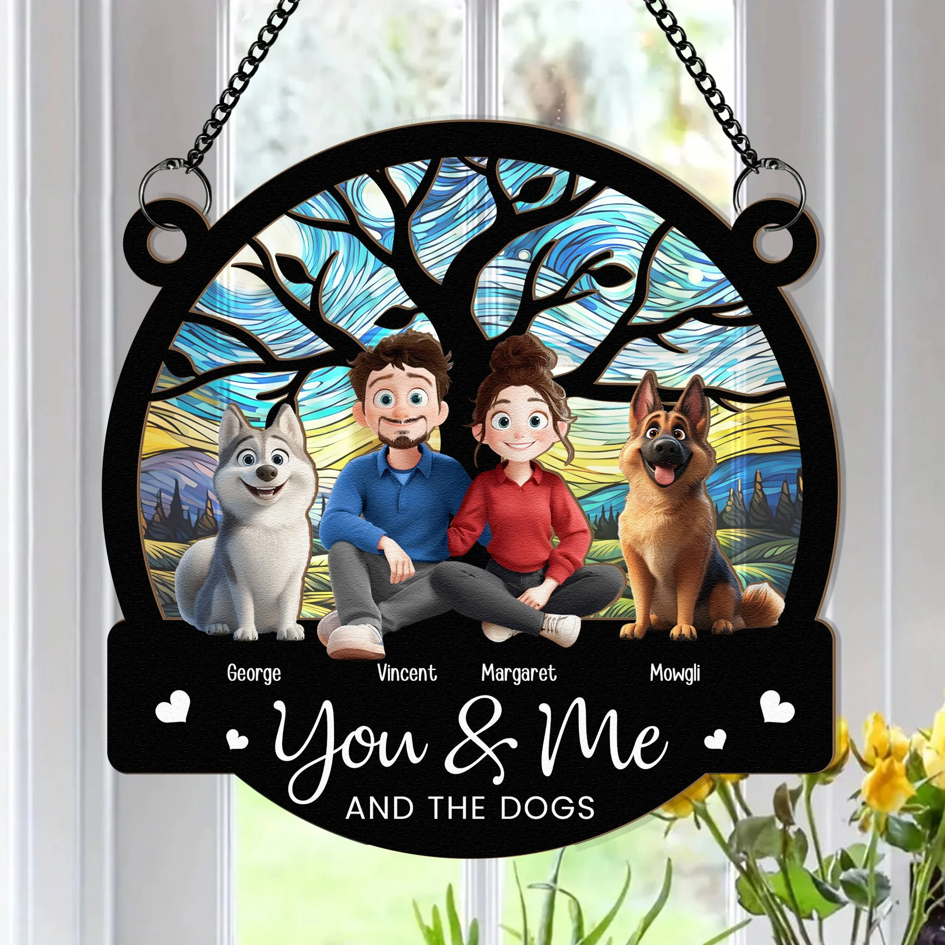 You & Me And The Dogs Cartoon Dog - Personalized Window Hanging Suncatcher Ornament - Gift for Pet Owners, Dog Lovers, Dog Dad, Dog Mom | CLP15 NH96