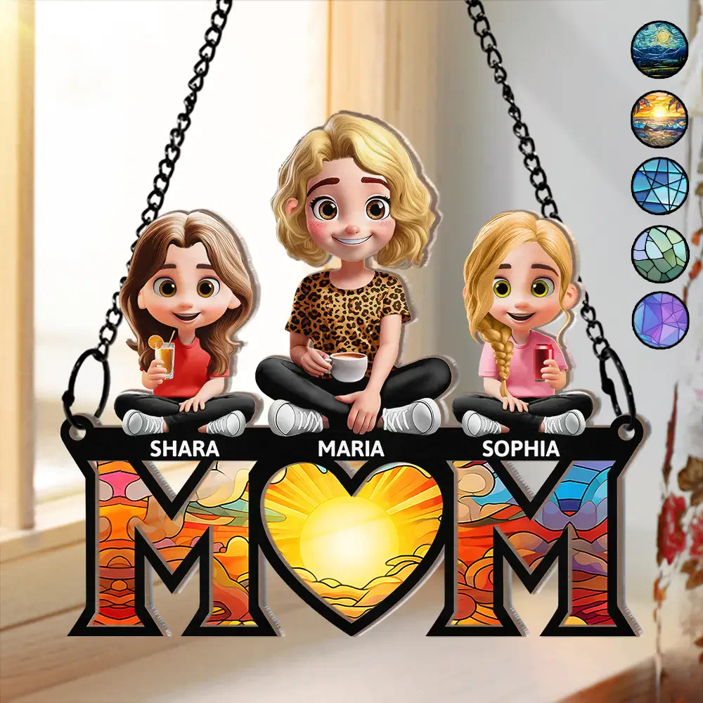 Young Mother Daughter Son We Love You Mom 3D Cartoon - Personalized Window Hanging Window Hanging Suncatcher Ornament - Gift For Mom, Grandma, Mother's Day | GR25 NA94