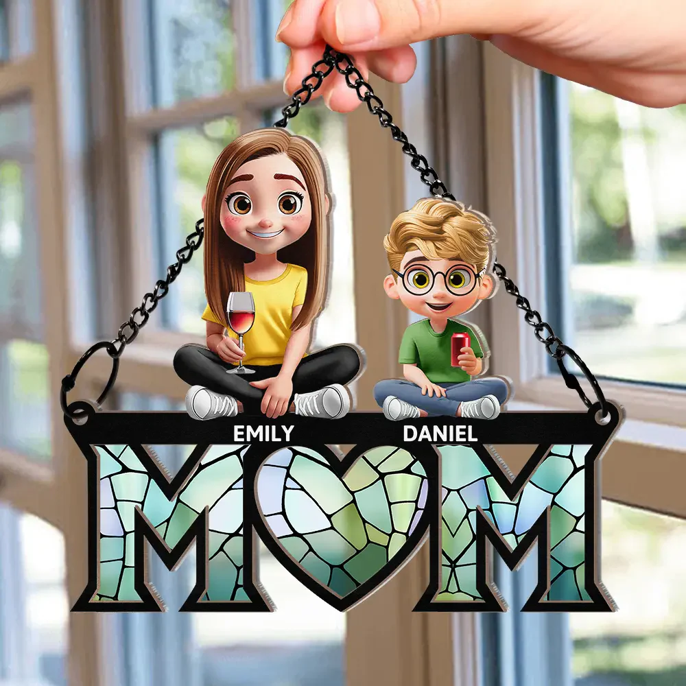 Young Mother Daughter Son We Love You Mom 3D Cartoon - Personalized Window Hanging Window Hanging Suncatcher Ornament - Gift For Mom, Grandma, Mother's Day | GR25 NA94 - Image 2