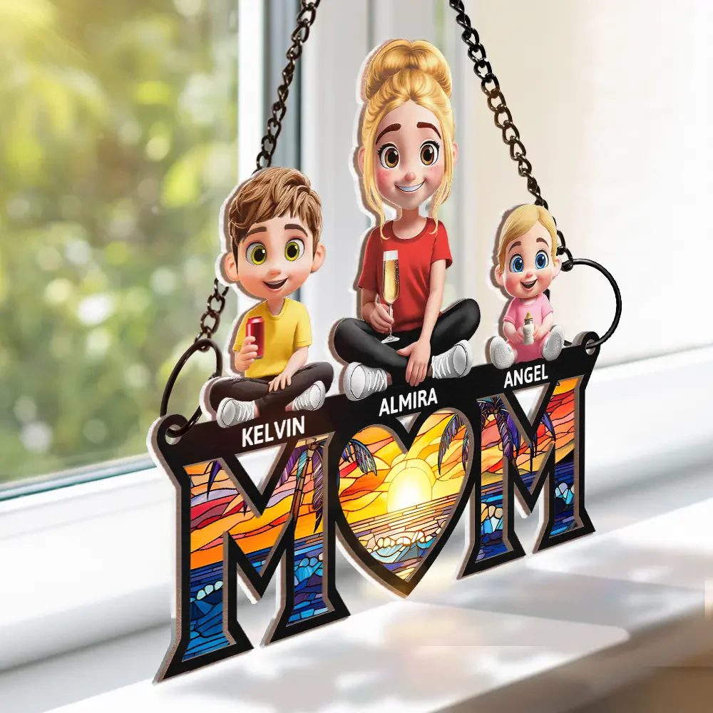 Young Mother Daughter Son We Love You Mom 3D Cartoon - Personalized Window Hanging Window Hanging Suncatcher Ornament - Gift For Mom, Grandma, Mother's Day | GR25 NA94 - Image 3