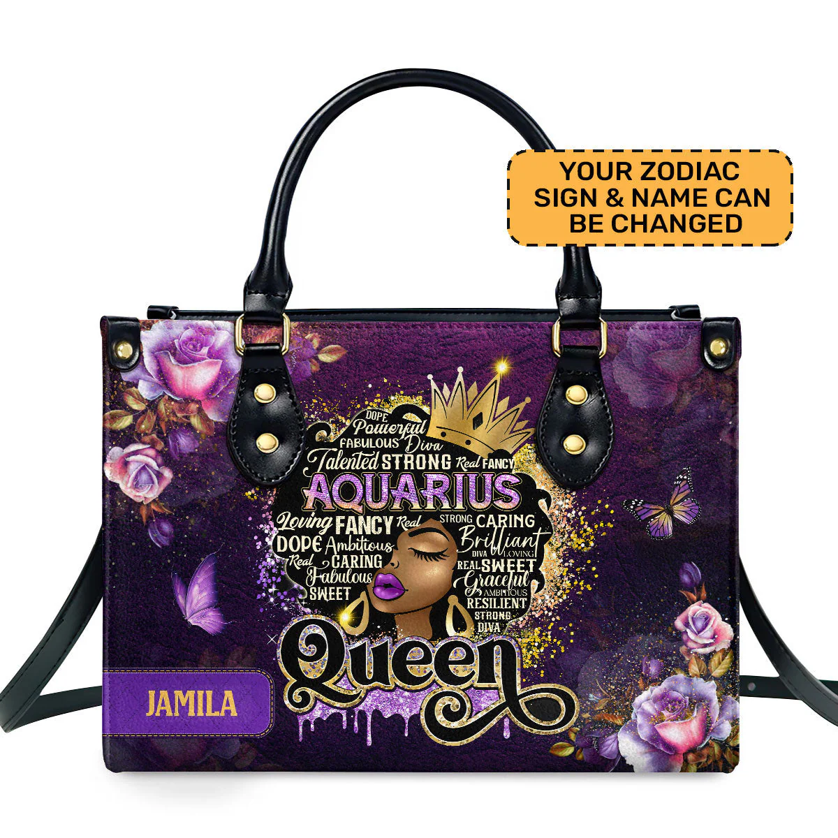 Zodiac Queen Purple Roses - Personalized Leather Handbag - Unique Birthday Gift For Her HD95