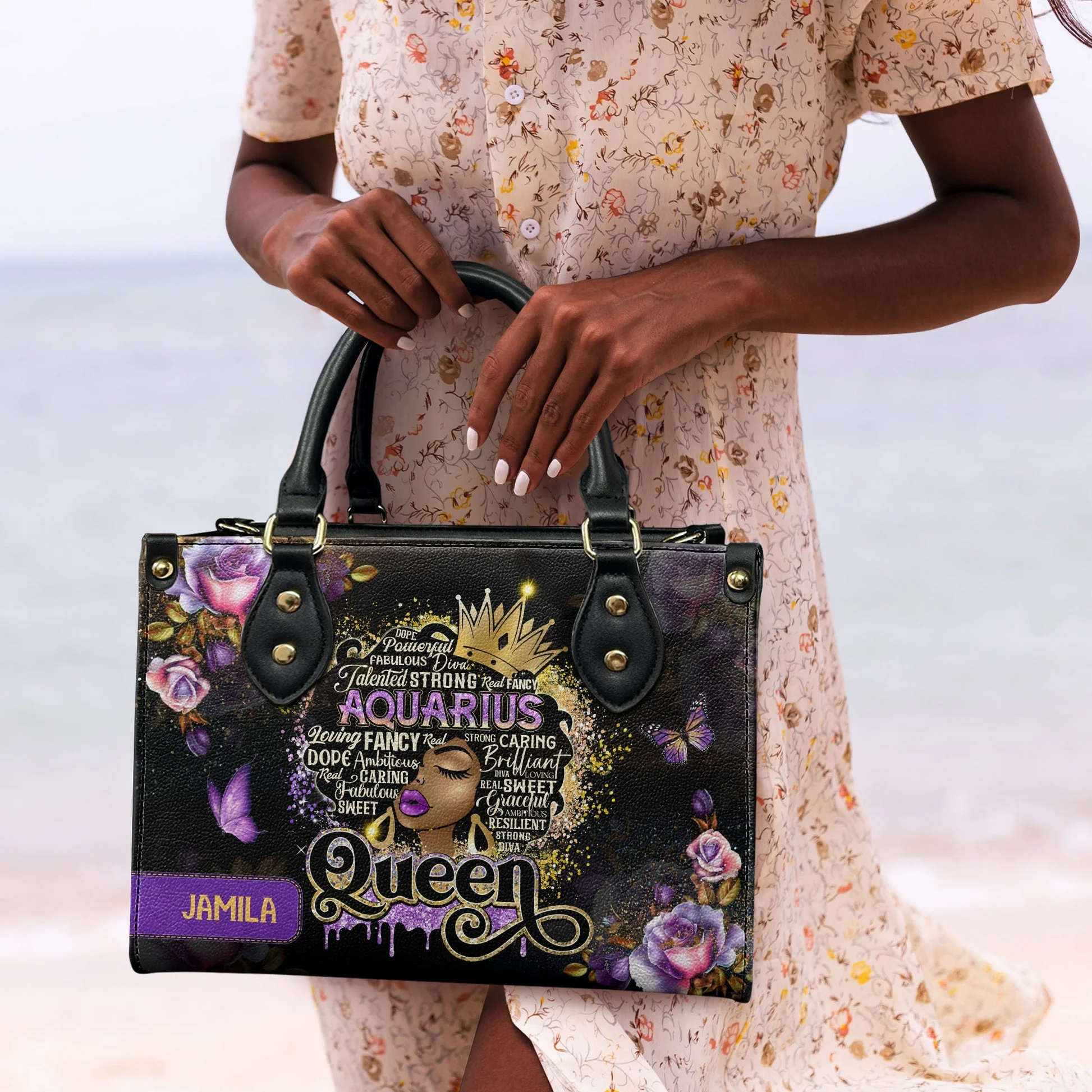 Zodiac Queen Purple Roses - Personalized Leather Handbag - Unique Birthday Gift For Her HD95 - Image 2